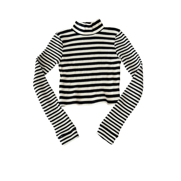 Aerie Small Mock Neck Crop Top Black White Striped Waffle Knit Loungewear Casual